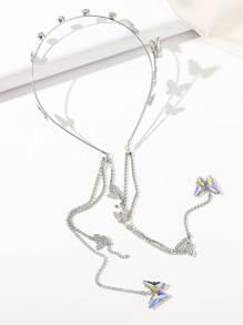 1pc Wedding Butterfly Headband Crystal Tassel Headband For Women Sparkly Rhinestone Fake Earrings Hair Chain Hair Hoop Hair Accessories For Women And Girls ,Hairband For Women Head Accessories - Silver - View 5