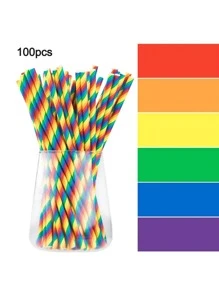 100pcs Colored Paper Rainbow Disposable Drinking Straws For Bar, Party, Beverage - Multicolor - View 1