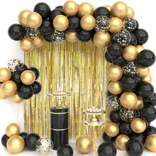 112 piezas negro con dorado guirnalda de globos de arco Kit con flor & 2 piezas dorado de color metálico Cortinas para graduación , Año Nuevo , de fiesta de cumpleaños aniversario decoraciones - Dorado - Ver 1