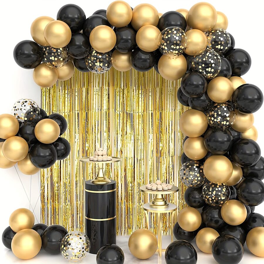 112 piezas negro con dorado guirnalda de globos de arco Kit con flor & 2 piezas dorado de color metálico Cortinas para graduación , Año Nuevo , de fiesta de cumpleaños aniversario decoraciones - Dorado - Ver 1