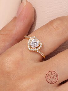 1入組華麗925純銀心形圓環帶方晶鋯石,鍍帶18K金完美適用於日常穿著,度假,約會和作為A禮品適用於 - 金黃色 - 查看 1