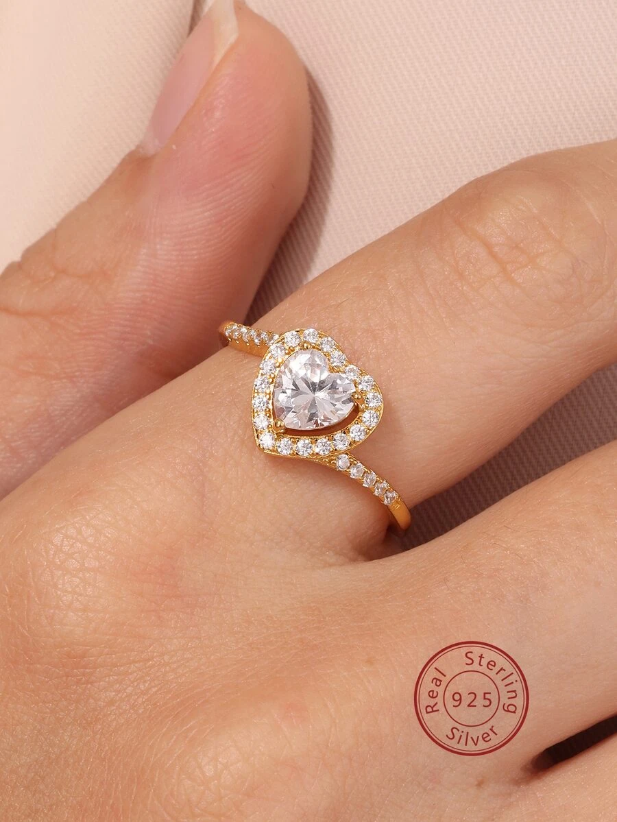 1入組華麗925純銀心形圓環帶方晶鋯石,鍍帶18K金完美適用於日常穿著,度假,約會和作為A禮品適用於 - 金黃色 - 查看 1