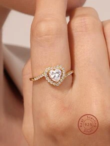 1入組華麗925純銀心形圓環帶方晶鋯石,鍍帶18K金完美適用於日常穿著,度假,約會和作為A禮品適用於 - 金黃色 - 查看 6