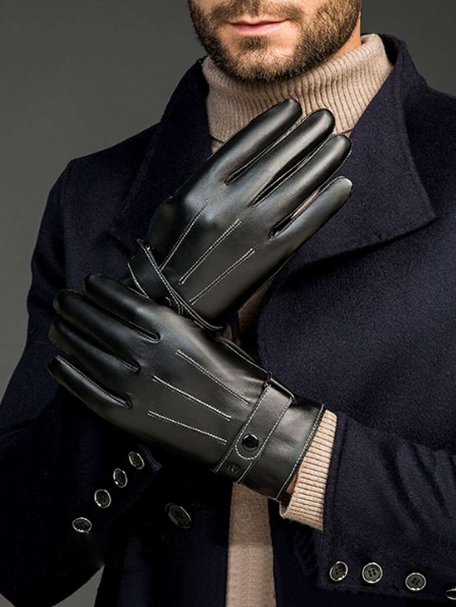 iwarm 1pair Men's Pu Leather Thermal Lined Windproof And Waterproof Cycling Driving Gloves - Black - View 1