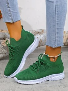 New Arrival Women Plus Size Outdoor Sports Knit Mesh Sneakers Breathable Soft Sole Lace-Up Casual Student White Shoes