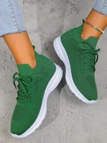 New Arrival Women Plus Size Outdoor Sports Knit Mesh Sneakers Breathable Soft Sole Lace-Up Casual Student White Shoes