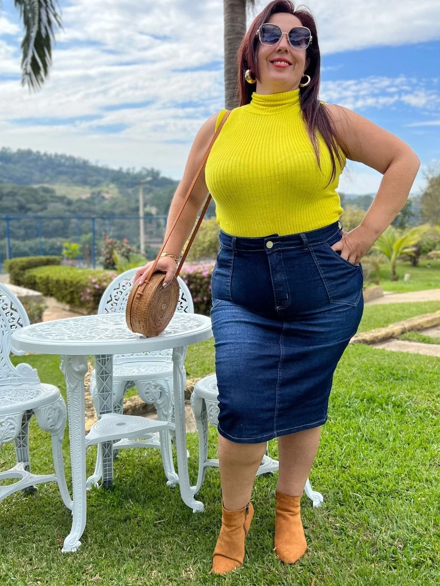 Plus Size Denim Skirts - 深色水洗藍 - 查看 1