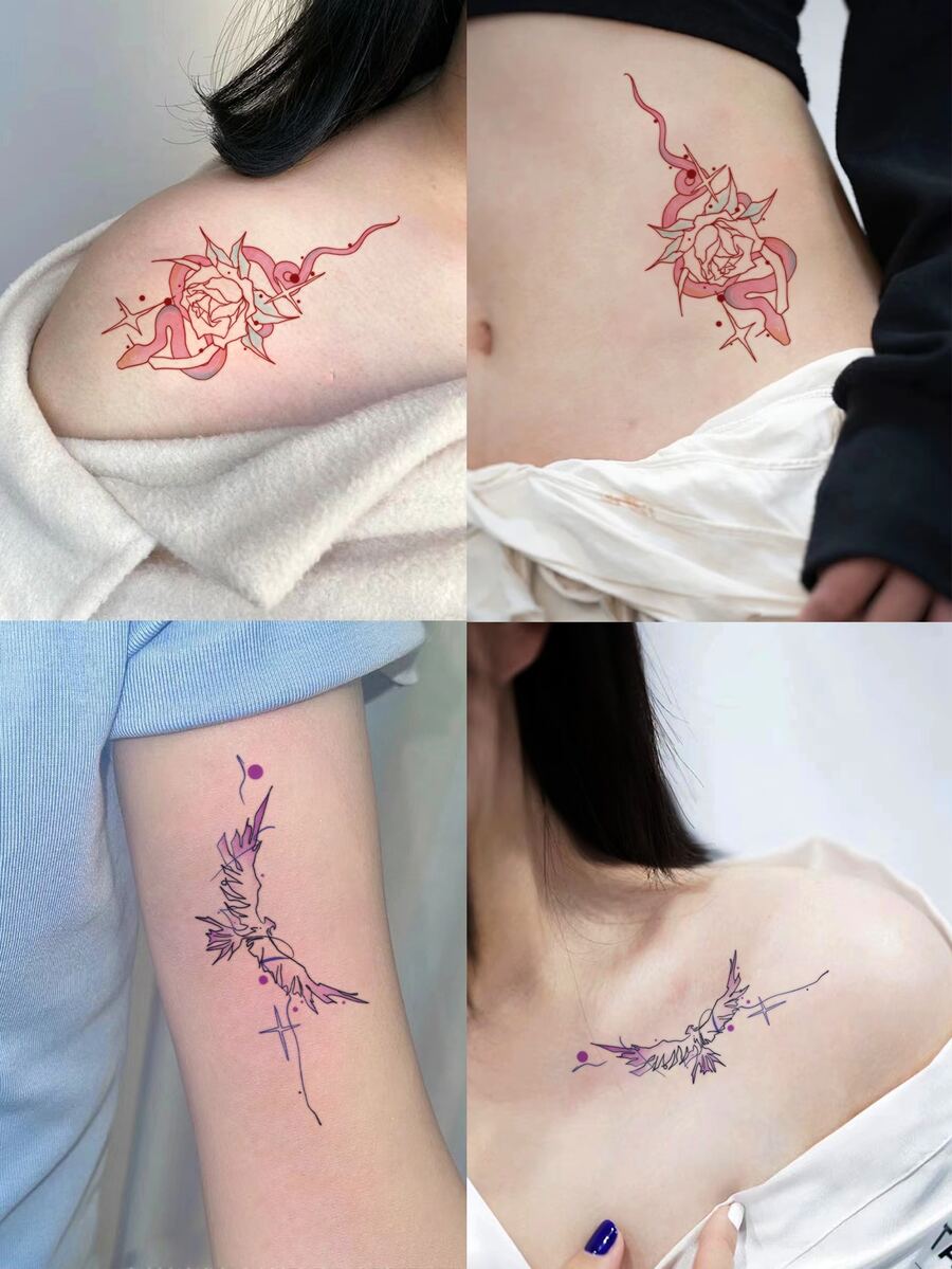 4 piezas de Tatuajes temporales lavables, material de PVC, diseños coloridos de mariposas y serpientes enrolladas, diseño lindo, adecuado para líderes de la moda - Multicolor - Ver 1