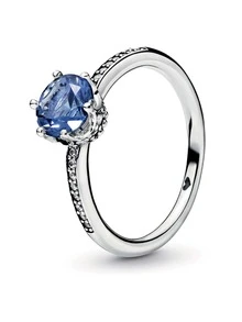 皇冠型925純銀圓環帶發亮的藍色的方晶鋯石適用於女士們,情侶,週年紀念日,情人節,聖誕,驚喜禮物,優雅和時髦,長款和修身手指圓環 - 銀色 - 查看 2