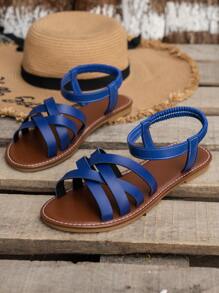 2025 Summer New Women's Breathable Flat Sandals - PU Upper, Crisscross Straps & Elastic Heel, Non-Slip TPR Soft Sole Beach Casual Slides - Blue - View 4