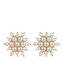 1 件韩式仿珍珠和水钻装饰花卉耳钉，适合女士佩戴，非常适合婚礼和派对 - 金黃色 - 查看 4