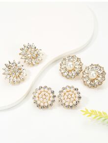 1 件韩式仿珍珠和水钻装饰花卉耳钉，适合女士佩戴，非常适合婚礼和派对 - 金黃色 - 查看 8