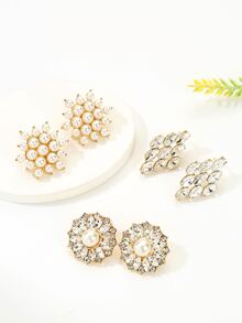 1 件韩式仿珍珠和水钻装饰花卉耳钉，适合女士佩戴，非常适合婚礼和派对 - 金黃色 - 查看 9