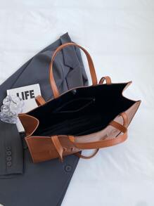1pc Fashionable Pu Leather Tote Bag With Pure Colour & Letter Design, Large Capacity - Brown - View 7