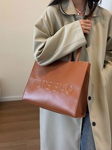 1pc Fashionable Pu Leather Tote Bag With Pure Colour & Letter Design, Large Capacity - Brown - View 5