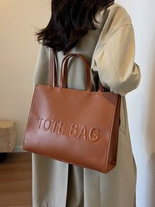 1pc Fashionable Pu Leather Tote Bag With Pure Colour & Letter Design, Large Capacity - Brown - View 3