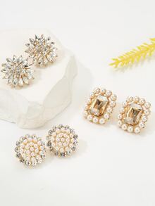 1 件韩式仿珍珠和水钻装饰花卉耳钉，适合女士佩戴，非常适合婚礼和派对 - 金黃色 - 查看 10