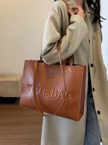 1pc Fashionable Pu Leather Tote Bag With Pure Colour & Letter Design, Large Capacity - Brown - View 6