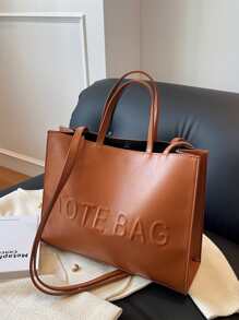 1pc Fashionable Pu Leather Tote Bag With Pure Colour & Letter Design, Large Capacity - Brown - View 2
