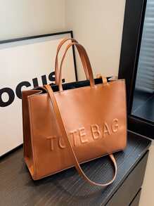 1pc Fashionable Pu Leather Tote Bag With Pure Colour & Letter Design, Large Capacity - Brown - View 4