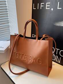 1pc Fashionable Pu Leather Tote Bag With Pure Colour & Letter Design, Large Capacity - Brown - View 1