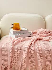1pc Solid Color Bed Blanket, American Style Fringe Acrylic Rectangular Knitted Blanket For Office Nap, Sofa, Home Decor - Pink - View 5