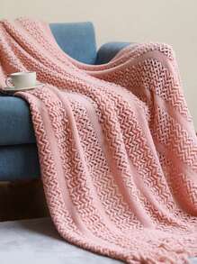 1pc Solid Color Bed Blanket, American Style Fringe Acrylic Rectangular Knitted Blanket For Office Nap, Sofa, Home Decor - Pink - View 3