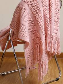 1pc Solid Color Bed Blanket, American Style Fringe Acrylic Rectangular Knitted Blanket For Office Nap, Sofa, Home Decor - Pink - View 4