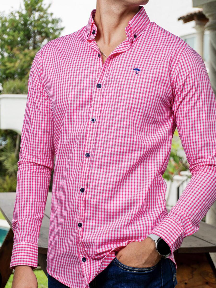 PLATINUM STORES Camisa Hombre Casual Slim Fit Mini Cuadros Rosa Comoda Diaria Trabajo Oficina Moda - Blanco - Ver 1