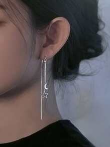 1對流行鏈條流蘇耳墜適合女士女孩復古銀顏色懸掛耳環星星月亮耳墜長鏈耳環 - 1 對鍊式流蘇吊式耳環 - 查看 2