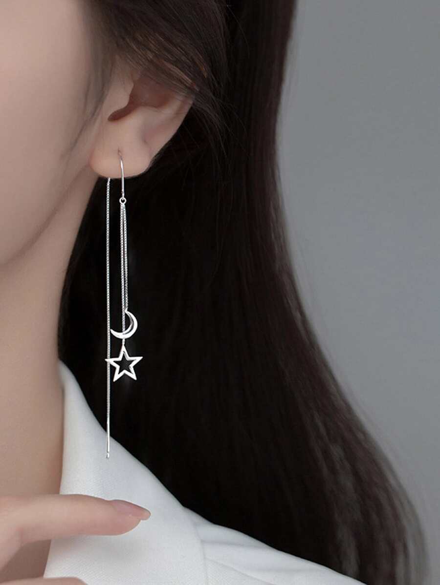 1對流行鏈條流蘇耳墜適合女士女孩復古銀顏色懸掛耳環星星月亮耳墜長鏈耳環 - 1 對鍊式流蘇吊式耳環 - 查看 1