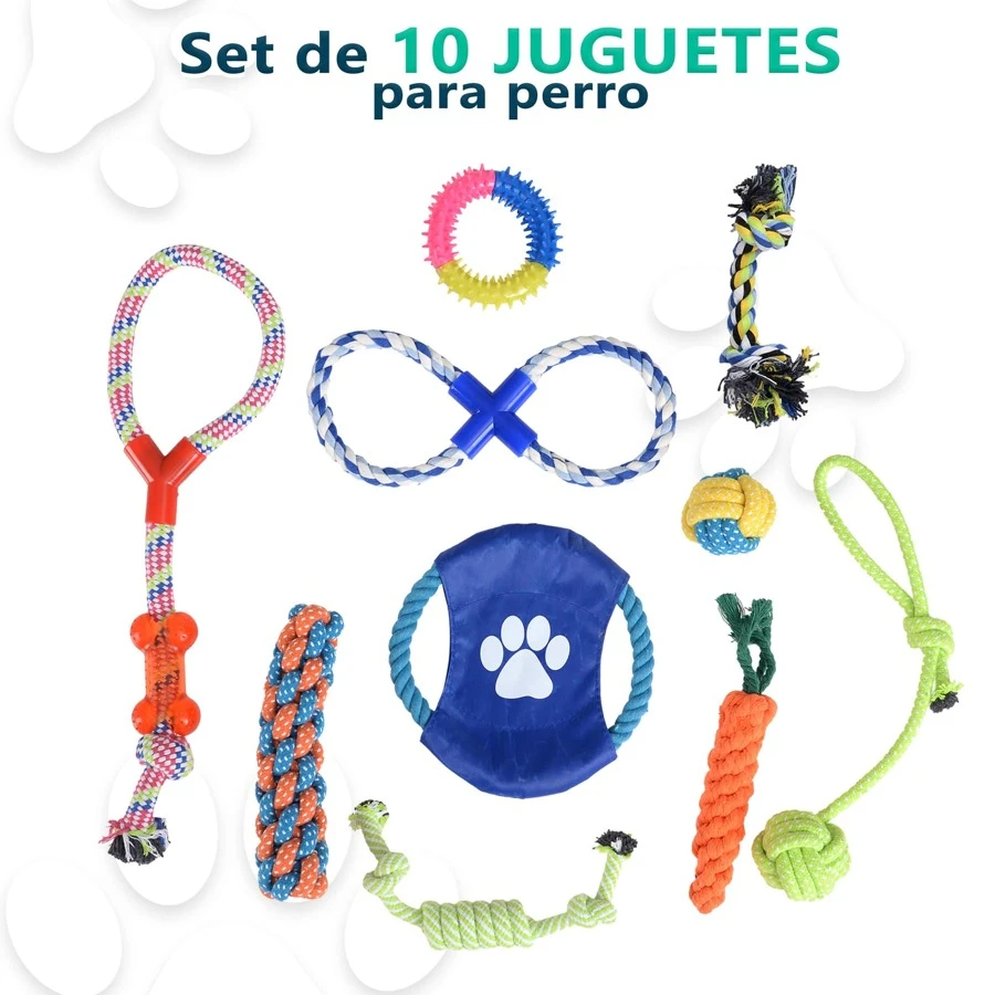 Set 10 Piezas Juguetes Cuerda Para Perro Gato Masticar Diversion Mordedera Lazos Pelota Nudo Calidad Garantizada