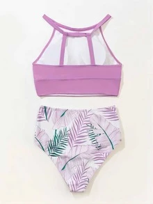 Tropical Print High Waisted Bikini Set Summer - Dusty Pink - View 3
