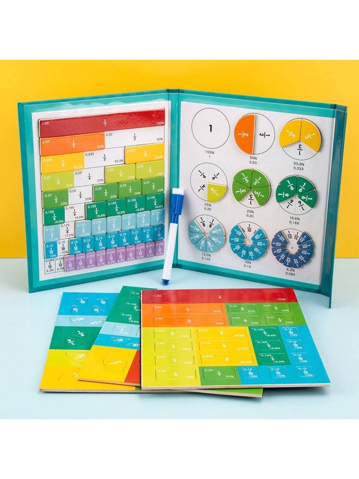 Children magnetic fraction learning math toys wooden fraction book set