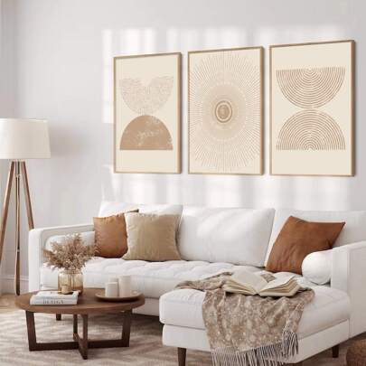 3 件波西米亚风格米色墙壁艺术海报复古抽象图形中世纪绘画帆布高清印刷现代装饰画适用于客厅卧室办公室装饰、家居装饰、无框礼物生日毕业