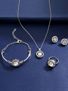 5入組女孩白色水晶鑽石項鍊手鍊耳環戒指首飾