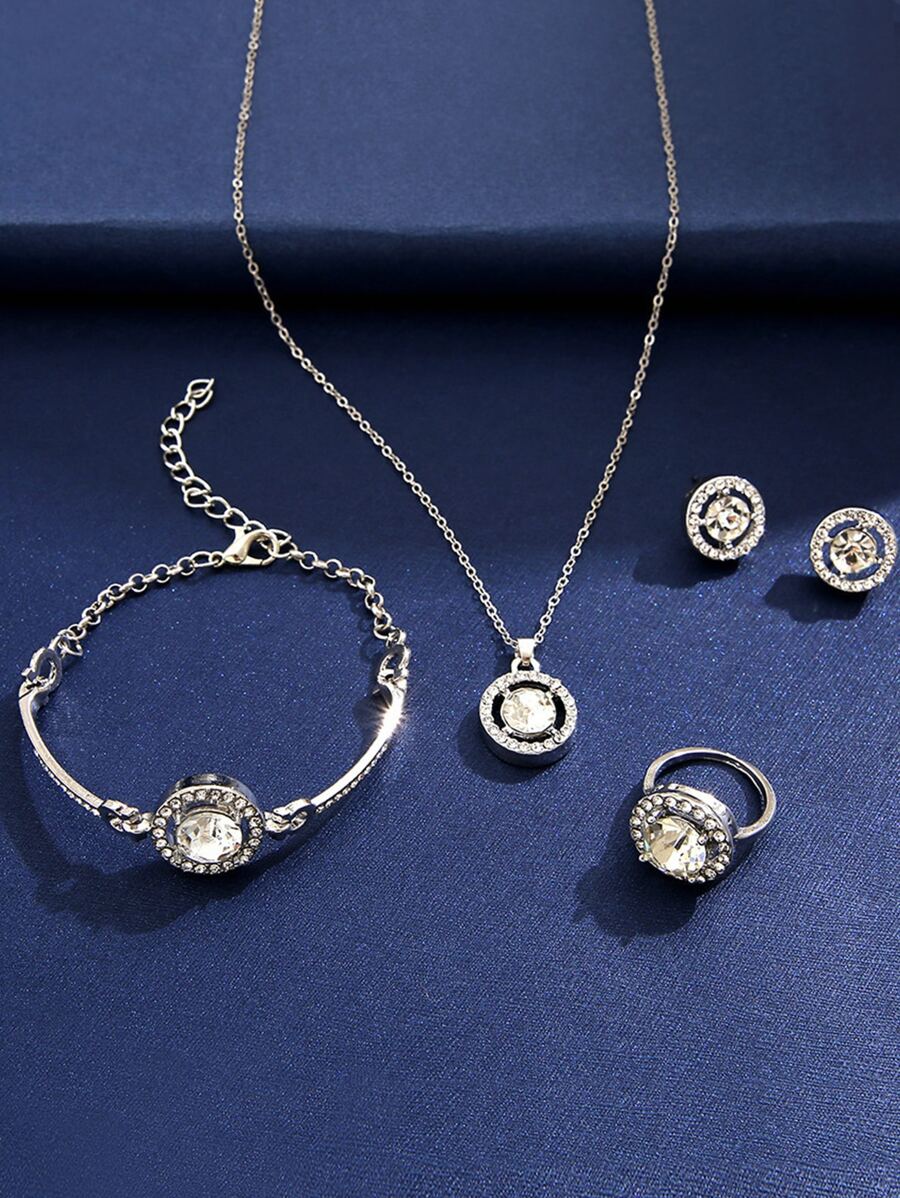 5入組女孩白色水晶鑽石項鍊手鍊耳環戒指首飾