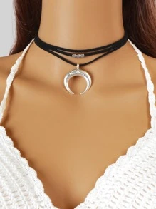 1入組波西m亞黑色多層鏈條銀月亮墜飾頸鏈適合女士假期日常首飾類 - 黑色 - 查看 1
