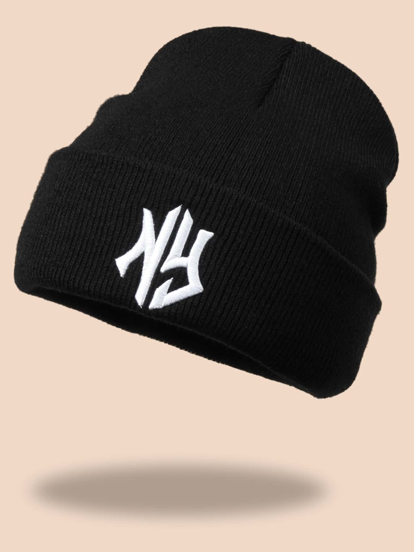 1頂男士時尚針織帽，具有刺繡細節，適用於日常裝飾街頭風格 - 黑色 - 查看 1