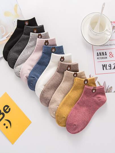 10pairs/Set Random Cute Bear Design Women's Low Cut Socks, Thin Section, Suitable For Daily Wear, Fashion And Leisure