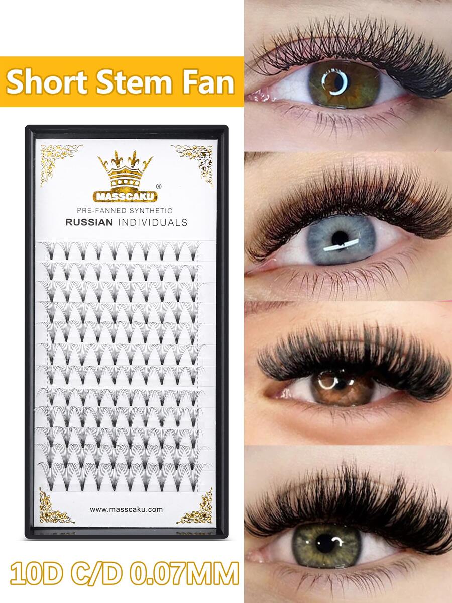 Extensiones de pestañas prefabricadas de tallo corto, 12 filas, color negro mate, hechas a mano, volumen ruso listo, 11mm - Blanco y Negro - Ver 1