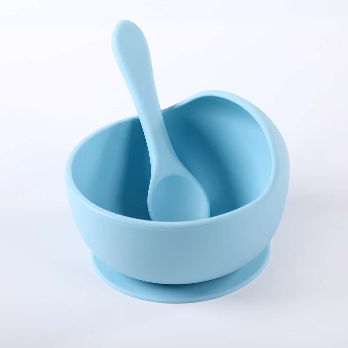 1 Set Baby Feeding Bowl And Spoon Set, Silicone Suction Bowl With Training Spoon, Children Tableware - Blue - View 1