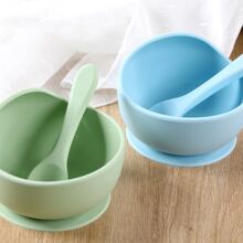 1 Set Baby Feeding Bowl And Spoon Set, Silicone Suction Bowl With Training Spoon, Children Tableware - Blue - View 5