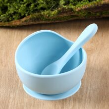 1 Set Baby Feeding Bowl And Spoon Set, Silicone Suction Bowl With Training Spoon, Children Tableware - Blue - View 4