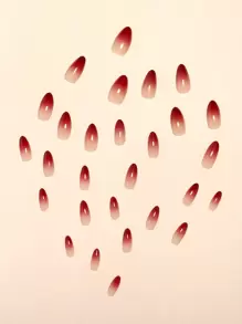 30片裸色渐变长尖头假指甲，情人节特惠，包含1个指甲锉和1瓶果冻胶，按压式美甲用品 - 酒紅色 - 查看 4