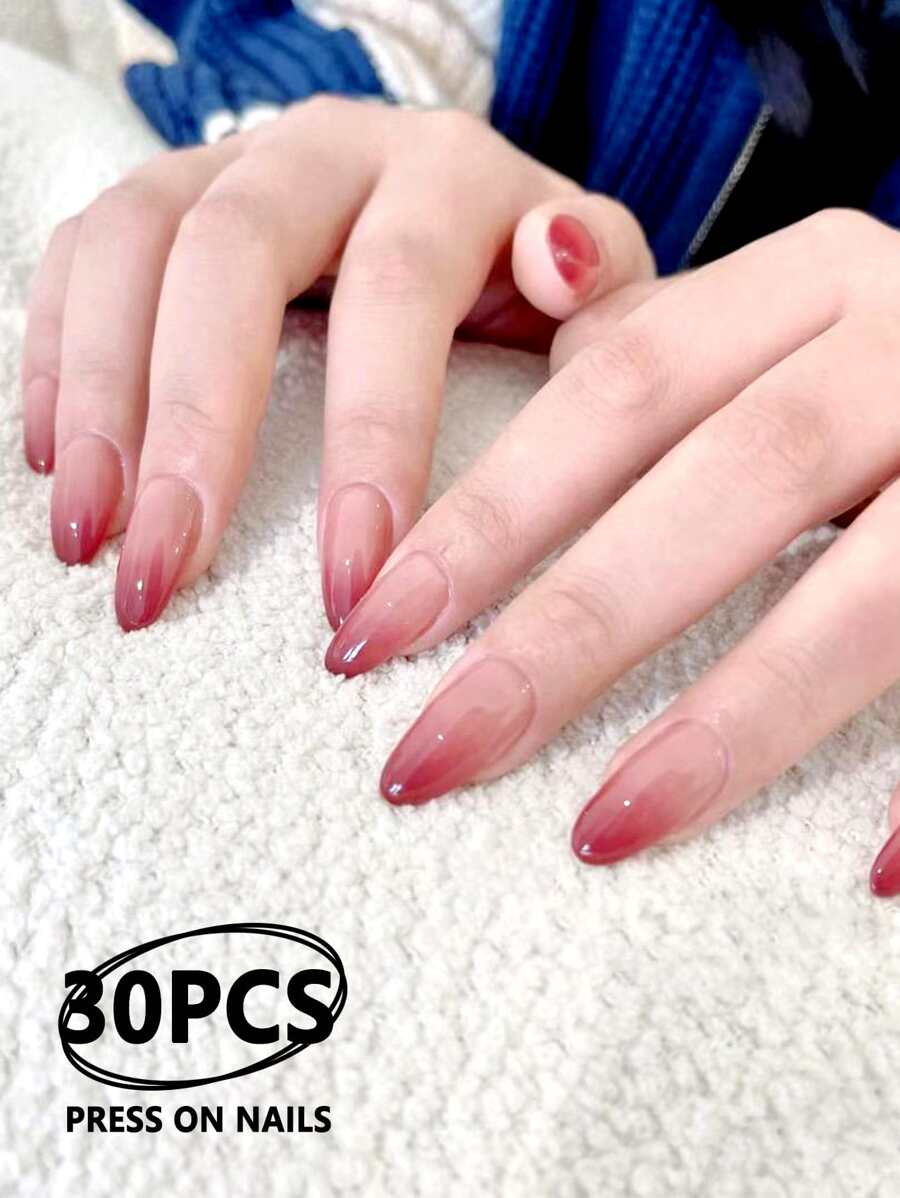 30片裸色渐变长尖头假指甲，情人节特惠，包含1个指甲锉和1瓶果冻胶，按压式美甲用品