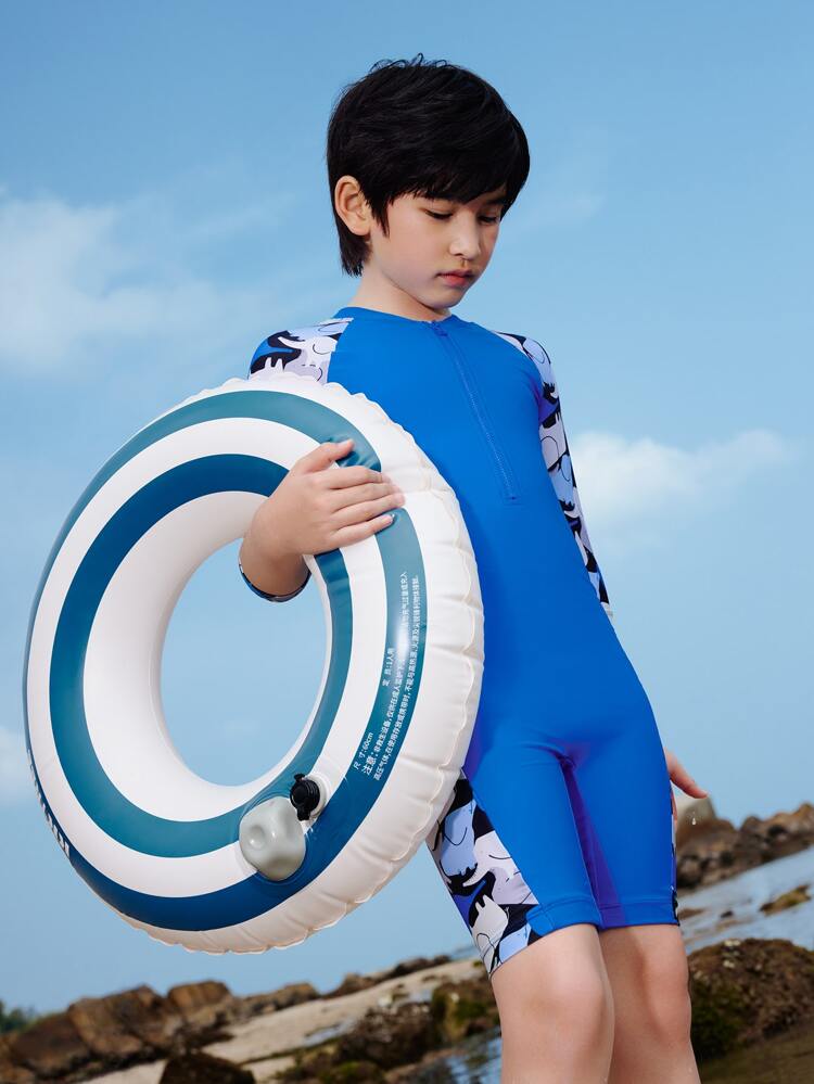 Annil Boys Summer Beach Half Sleeve One-Piece Swimsuit  With Swimming Cap Kids Swimsuit 2-Piece Set Royal Blue