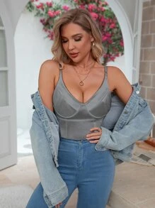 Deep V-Neck Satin Babydoll Bodysuit For Women - Silver - View 1
