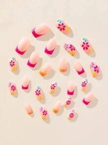 Instantly Upgrade Your Look With 24pcs Medium Long Square Baby Pink French Flowers Print Fake Nail &1sheet Tape &1pc Nail File - Multicolor - View 3