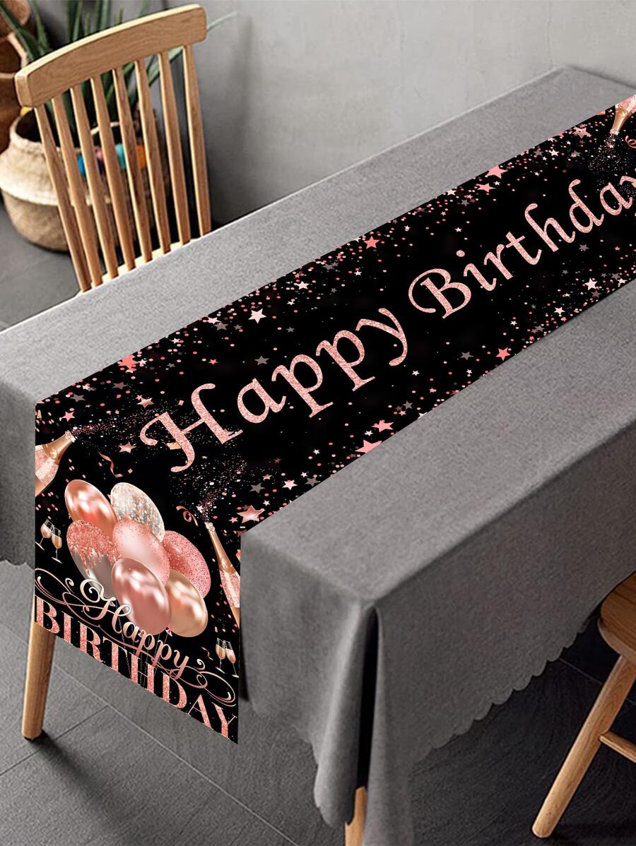 1件35*180厘米玫瑰金气球“生日快乐”桌旗，一次性桌布和旗帜，适用于生日派对家居装饰、圣诞节